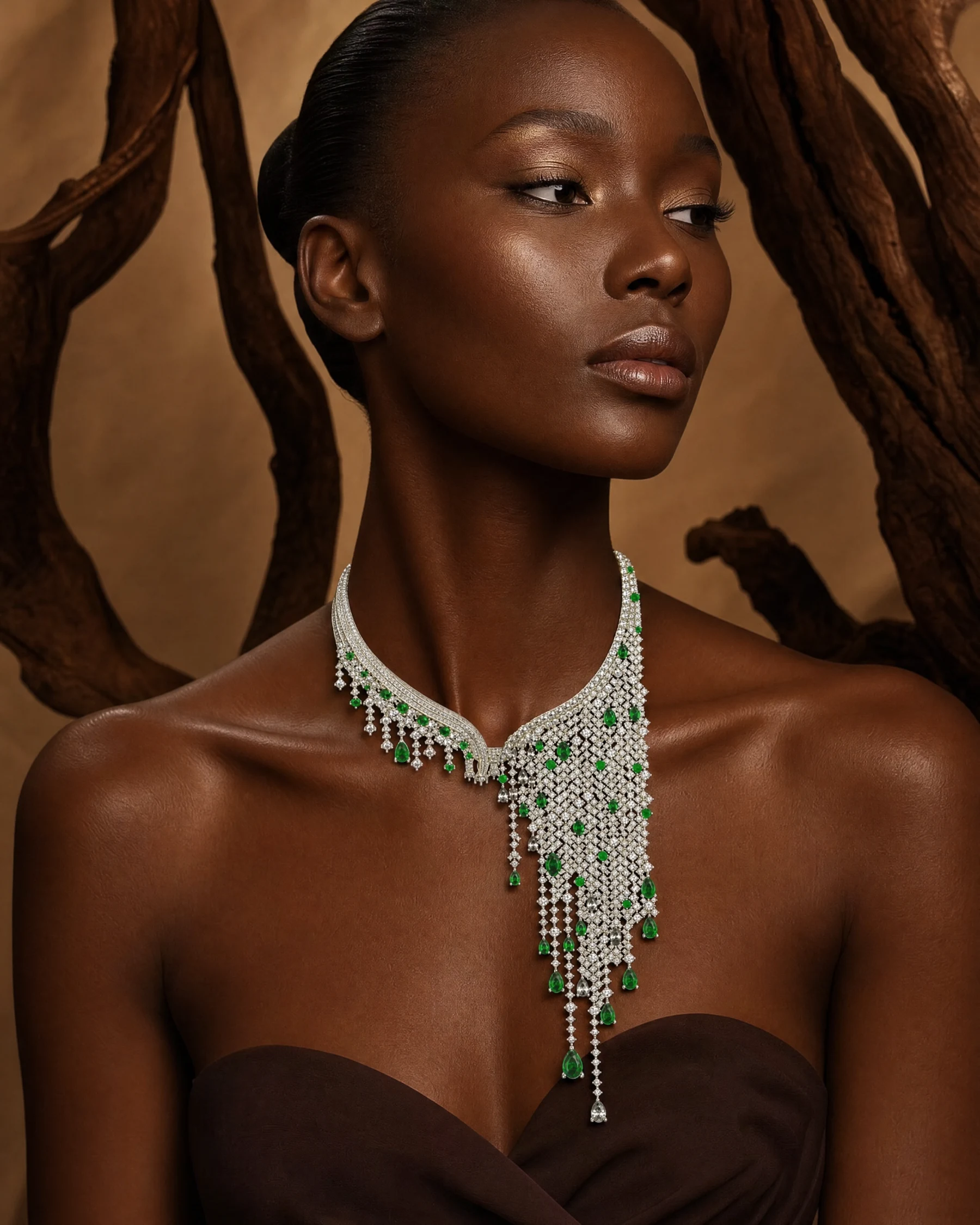 FIDELIO diamond-and-emerald necklace worn on the body